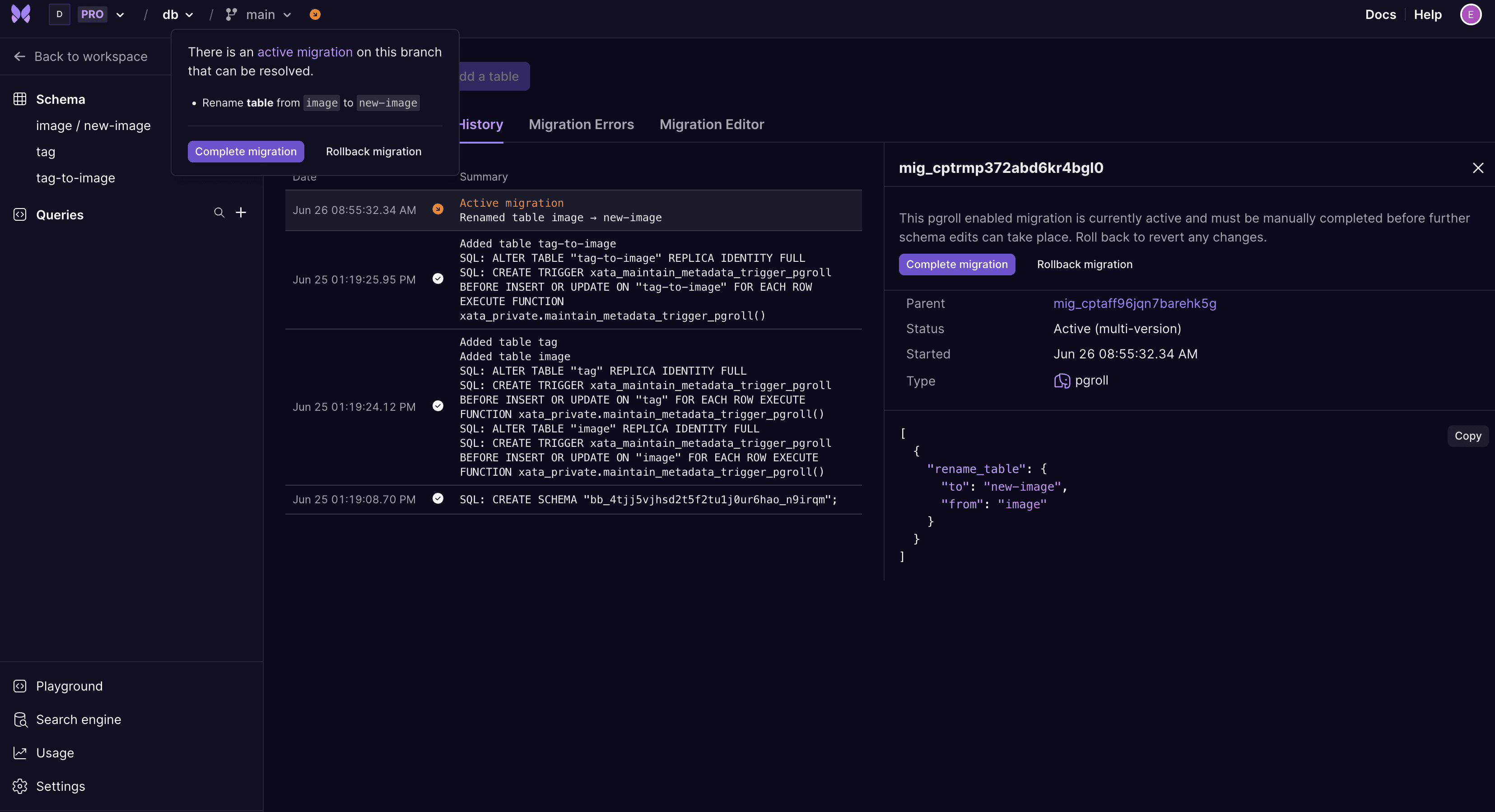 An active migration under the Schema History tab